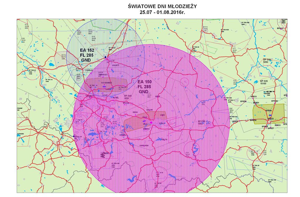 ŚDM 2016 w Krakowie i Częstochowie - poglądowa mapa zakazu lotów m.in. dronów