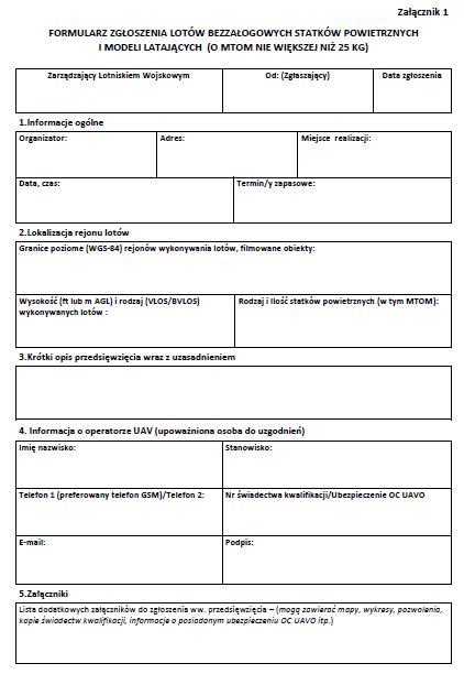 Formularz zgłaszania lotów dronów (RPAS) w MATZ - 23.12.2016