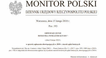 Obwieszczenie Ministra Infrastruktury - Nowe opłaty lotnicze 2018