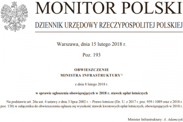 Obwieszczenie Ministra Infrastruktury - Nowe opłaty lotnicze 2018