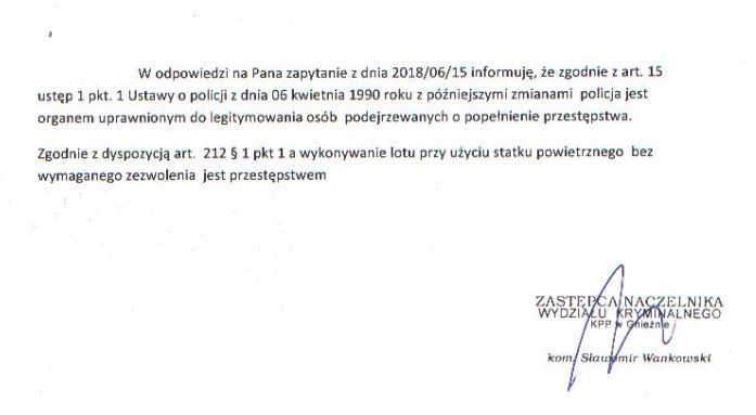 KPP Gniezno - odpowiedź w sprawie legitymowania operatorów dronów