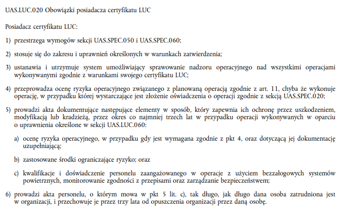 UAS.LUC.020- Obowiązku posiadacza LUC - Rozporządzenie wykonawcze UE 2019/947