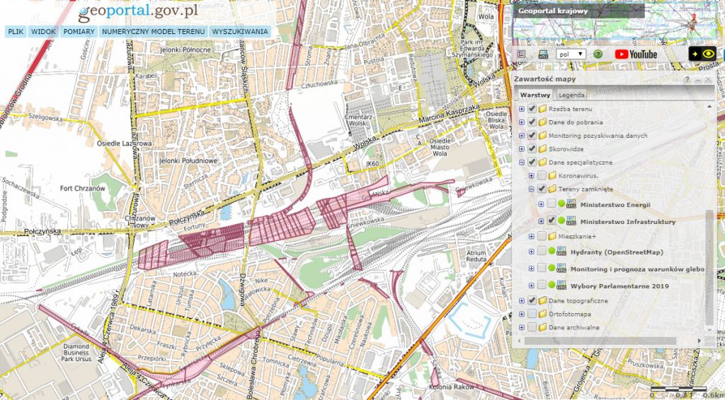 Geoportal - tereny zamknięte: linie kolejowe