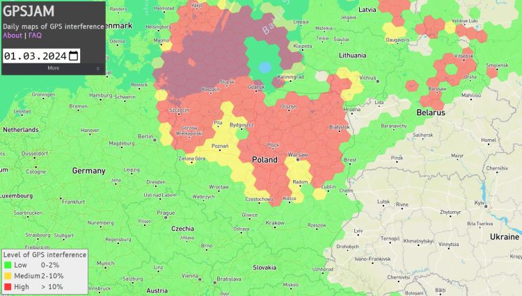 GPS jamming - Polska - 1.03.2024