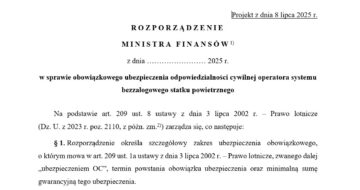 Projekt rozporządzenia Ministra Finansów ws obowiązkowego ubezpieczenia OC operatorów dronów o masie powyżej 250 g