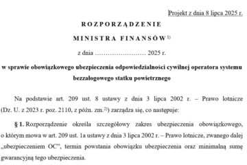 Projekt rozporządzenia Ministra Finansów ws obowiązkowego ubezpieczenia OC operatorów dronów o masie powyżej 250 g
