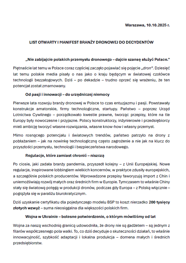 List otwarty i manifest branży dronowej do decydentów - Warszawa, 10.10.2025 r.