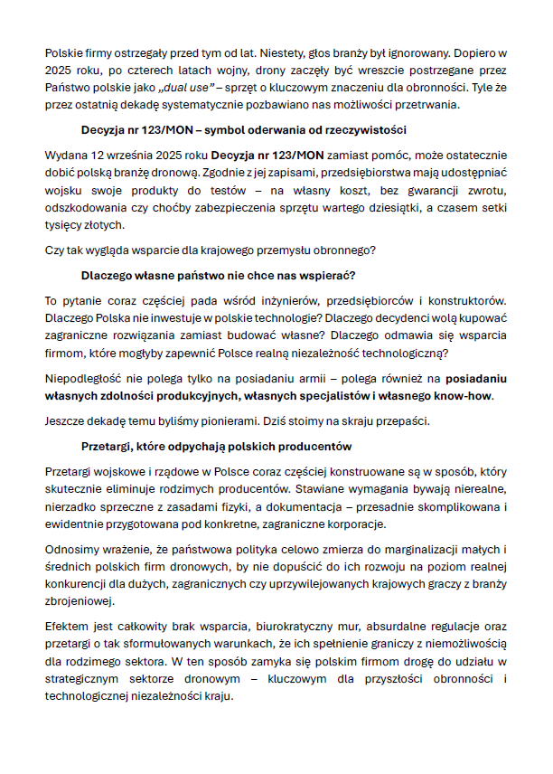 List otwarty i manifest branży dronowej do decydentów - Warszawa, 10.10.2025 r.
