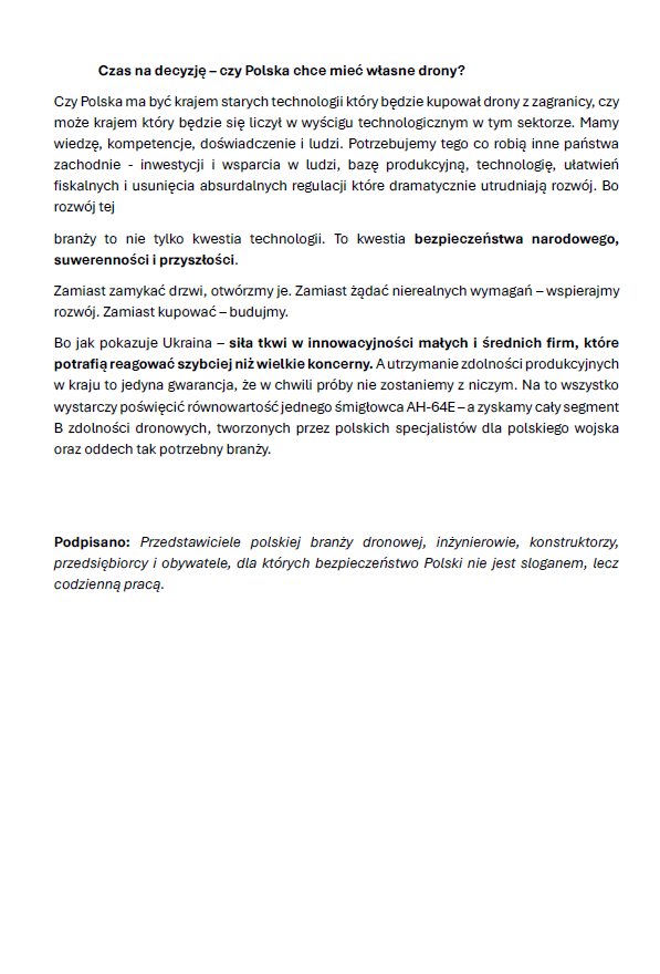 List otwarty i manifest branży dronowej do decydentów - Warszawa, 10.10.2025 r.