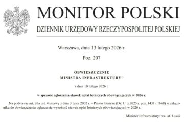 Obwieszczenie Ministra Infrastruktury z dnia 10 lutego 2026 r. w sprawie ogłoszenia stawek opłat lotniczych obowiązujących w 2026 r.