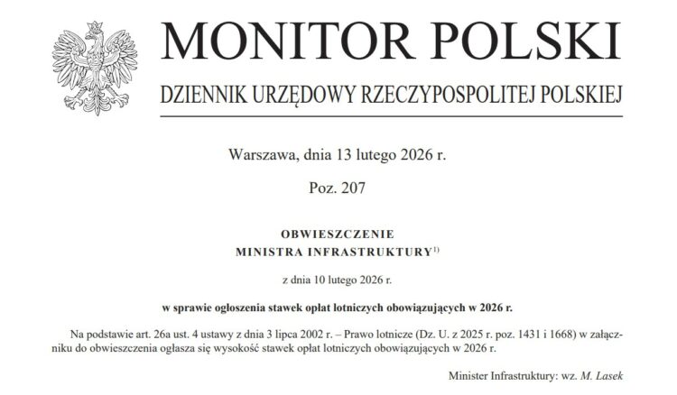 Obwieszczenie Ministra Infrastruktury z dnia 10 lutego 2026 r. w sprawie ogłoszenia stawek opłat lotniczych obowiązujących w 2026 r.